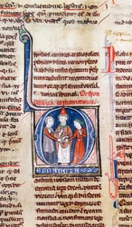 Historiated initial D depicting a marriage, from the Decretals of Gregory IX
