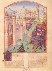 Ms 493 fol.1r The Works of Virgil with Commentary by Servius, The Bucolics, King sitting on his throne surrounded by his guards in front of a fortified town, France, 1469