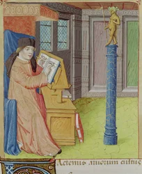 Virgil writing before Artemis, from The Georgics by Virgil with Commentary by Servius, 1469
