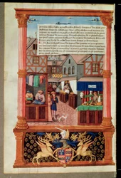 A street with shops and the coat of arms of Robert Stuart, Marshall of dAubigny Lucrece, from Livre de Gouvernement des Princes by Gilles de Rome