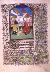Two angels appearing to the shepherds, from the Besancon Book of Hours