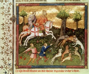 Dogs attacking a leopard, from a book by Gaston Phebus de Foix