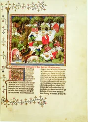 Hunters feasting before the stag hunt, from Livre de la Chasse by Gaston Phebus de Foix (1331-1391)