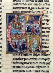 Historiated initial C depicting Conrad III Emperor of Germany and Louis VII King of France, besieging Damascus in 1148, from Histoire de Jerusalem by William of