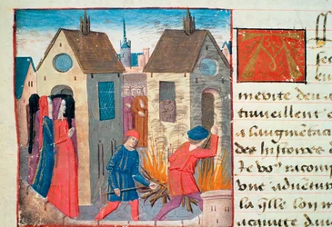 Burning a house, from Les Cent Nouvelles Nouvelles, 1462