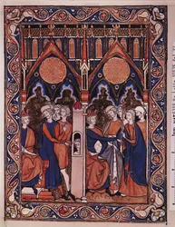 Joseph explains the dream of the Pharaoh and the Pharaoh reinstating his butler, from the Psalter of St. Louis, c.1258-70