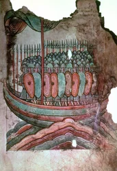 Norman soldiers crossing the English channel, from La Vie de Saint Aubin dAngers