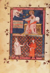 God creating medicine and giving knowledge to the doctors, from the Canon of Medicine by Avicenna (Ibn Sina) translated by Gerard de Cremone c.1320