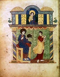 Jesus Presenting the Gospel to St. Matthew, from a Commentary on the Apocalypse by the Asturian Monk Beatus of Liebana