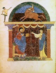 Jesus presenting the gospel to St. Luke, from a Commentary on the Apocalypse by the Asturian monk Beatus of Liebana
