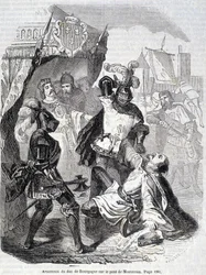 Murder of the Duke of Burgundy, Jean sans Peur, on the bridge of Montereau in 1419 - in “Histoire de France” by L.-P. Anquetil