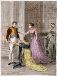 Napoleon Bonaparte (1769-1821), Emperor of France, granting Madame de Polignac the grace of her husband