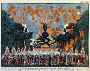 National fete of 14 July 1801 on the Champs Elysees, Paris: Fireworks takes place of the star at the Champs Elysees in Paris