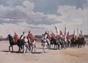 Native Spahis going to a fantasy in great pomp, deployed banners - in Military Album - Spahis