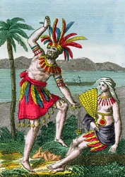 Native inhabitants of the Marquesas Islands, illustration from Histoire des Voyages Autour du Monde by J. Dufay, published by Courvalet & Co., Paris, 1826