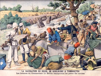 Navigating the River Niger between Koulikoro and Timbuktu. An Expedition Commanded by Commander Le Blevec Transporting Boats in Sections Around Rapids.