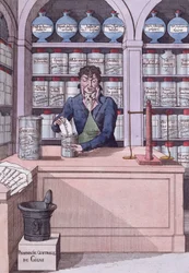 Newspaper dispensary under Napoleon, or the Chemist Academician, cartoon depicting the Press crushed by Napoleon