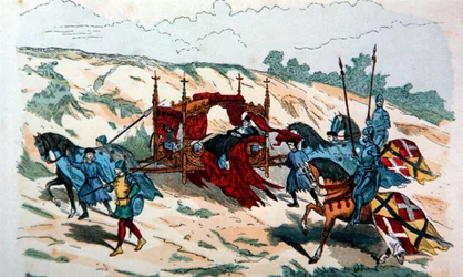Nobleman being carried in a litter by retainers during the 14th century in Europe
