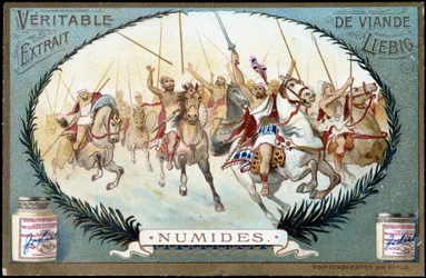 Numidia in Antiquity: Numidian equestrian game. Liebig chromolithography late 19th century