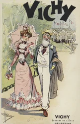 Old man and young girl walking, advertisement for Vichy