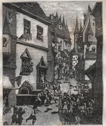 On 20 May 1636 eight counterfeiters were arrested in rue Champfleuri by two police commissioners accompanied by a dozen sergeants - in Paris a travers les siecles by Nicolas Jules Henri Gourdon de Genouillac (1826-1898).