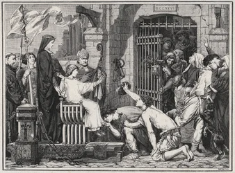 On the occasion of his future (1227), the young Louis IX made prisoners delivate - engraving in 