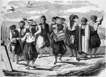 Orthodox feast: Greek Easter dances at the Grand Field of the Dead in Constantinople. Engraving in Le Monde Illustré n°52 of 10 April 1858.