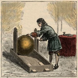 Otto von Guericke (1602-1686), German physicist, operating the first static electricity generator - Static machines: Otto von Guericke