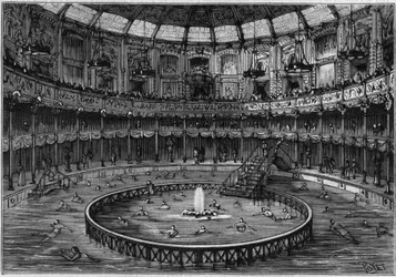 Overview of the Swimming Pool on Rue Saint Honore, in Paris. Engraving in 
