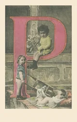 One child with a long pipe, another with a wheelbarrow, a baby lying on his stomach