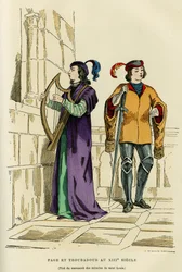 Page costumes and troubadour in the 13th century. Colour engraving after a drawing of the manuscript of the miracles of Saint Louis, in 
