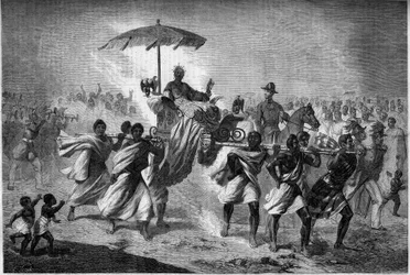 Palanquin Walk of the Queen of Madagascar Raboude (Rasoherina) (1818-1868), wife of Radama II. Engraving in "Le Monde Illustré" n°303 of January 31