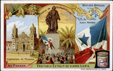 Panama: the cathedral, the statue of Columbus, the flag