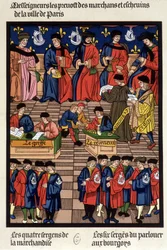 Parisian commercial traffic: the provosts of merchants and echevins, the transplant, the receiver, the prosecutor, the clerk, the goods sergeants... - facsimile of a miniature of the Middle Ages