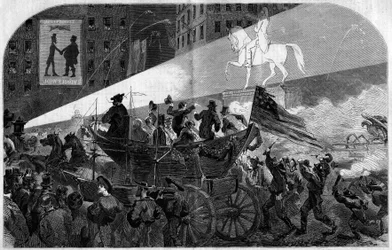 Party in the Streets of New York to Celebrate the Installation of the Transatlantic Telegraphic Cable Between the United States and England in 1858. Engraving in Le Monde Illustré n°79 of 16 October 1858