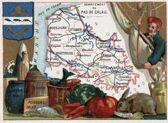 Pas de Calais (62), Nord Pas de Calais, France. Local specialities: black soap, dirty fish, cider and tobacco. Series on the French Departments. Chromolithography the geographic thread, circa 1920. Private collection