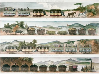 Passengers and freight on the first French line opened between Lyon and St. Etienne, 1829