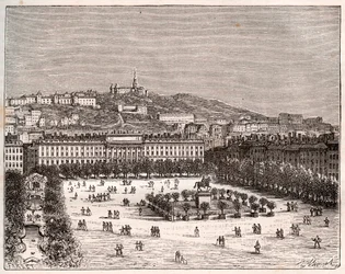 Place Bellecour or Place Louis-le-Grand - the largest square in Lyon - engraving in La France illustree: geography, history, statistical administration by V.-A. Malt-Brown. 1884