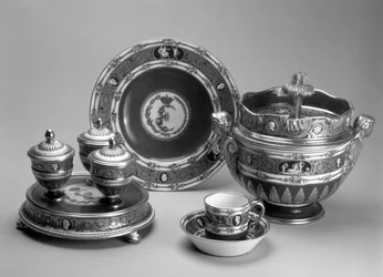 Plat de Menage, dish, cup and saucer and ice cream bowl from the Blue Cameo Service, Sevres, 1778-79