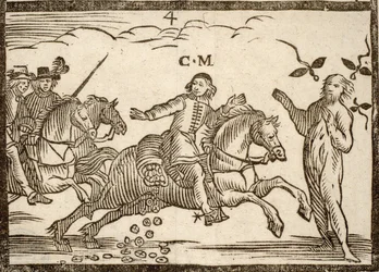 Political Pamphlets Mazarinade: Mazarin in His Flight Drops Ecus: The Shadow of Concini, Marshal of Anchor, Stands Before Him. Engraved Wood 1651