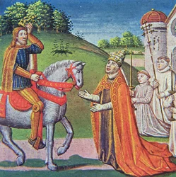 Pope Adrian I meeting Charlemagne, miniature from the 
