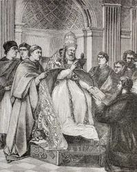 Pope Gregory IX handing the Decretals to an advocate of the Consistory, from 
