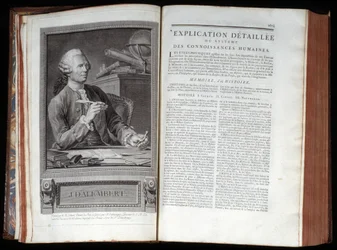 Portrait of Alembert and a text page of the Encyclopedia of Diderot and Alembert