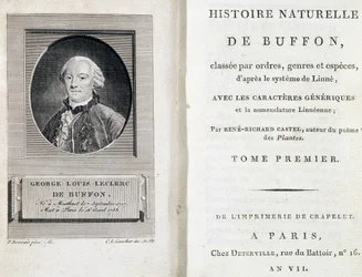 Portrait of Buffon and the title page of Natural History of Buffon classified by orders, genera and species, according to the Linnaeus system