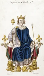 Portrait of Charles VI on his throne - engraving 19th century