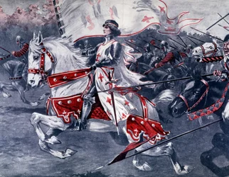 Portrait of Joan of Arc on horseback with royal flag, late 19th France