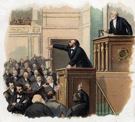 Portrait of Leon Gambetta in the gallery. Chromolithography from the beginning of the 20th century