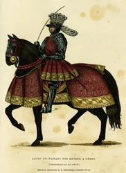 Portrait of Louis XII, King of France (1462-1515), making his entrance into Genoa on 26 August 1502. Colour engraving after an illuminated manuscript from the National Library (1515), in “France et les Français à travers les siècles” by Augustin