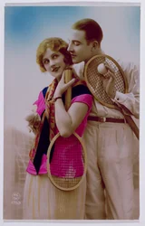 Postcard depicting lovers on a tennis court, c.1930