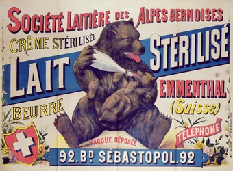 Poster advertising sterilised milk, butter and Emmenthal cheese from the Societe Laitiere des Alpes Bernoises, 1895-1900